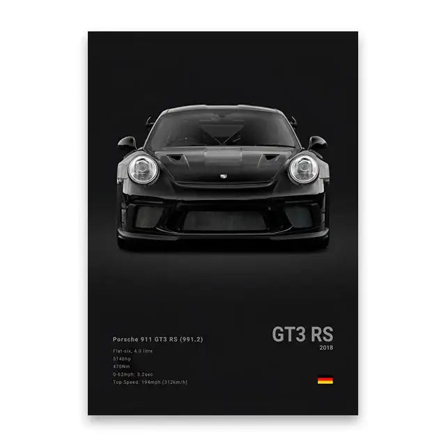 Decorbites luxury sports car canvas wall art featuring a black porsche 911 gt3 rs with sleek design and aggressive grille