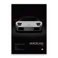 White Lamborghini Murcielago 2001 canvas wall art featuring a sleek sports car with angular headlights and grille design