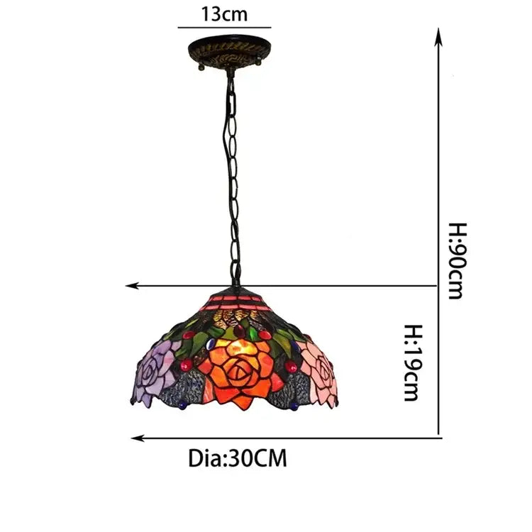 Decorbites luxury tiffany style stained glass pendant light with vibrant orange pink purple rose floral design