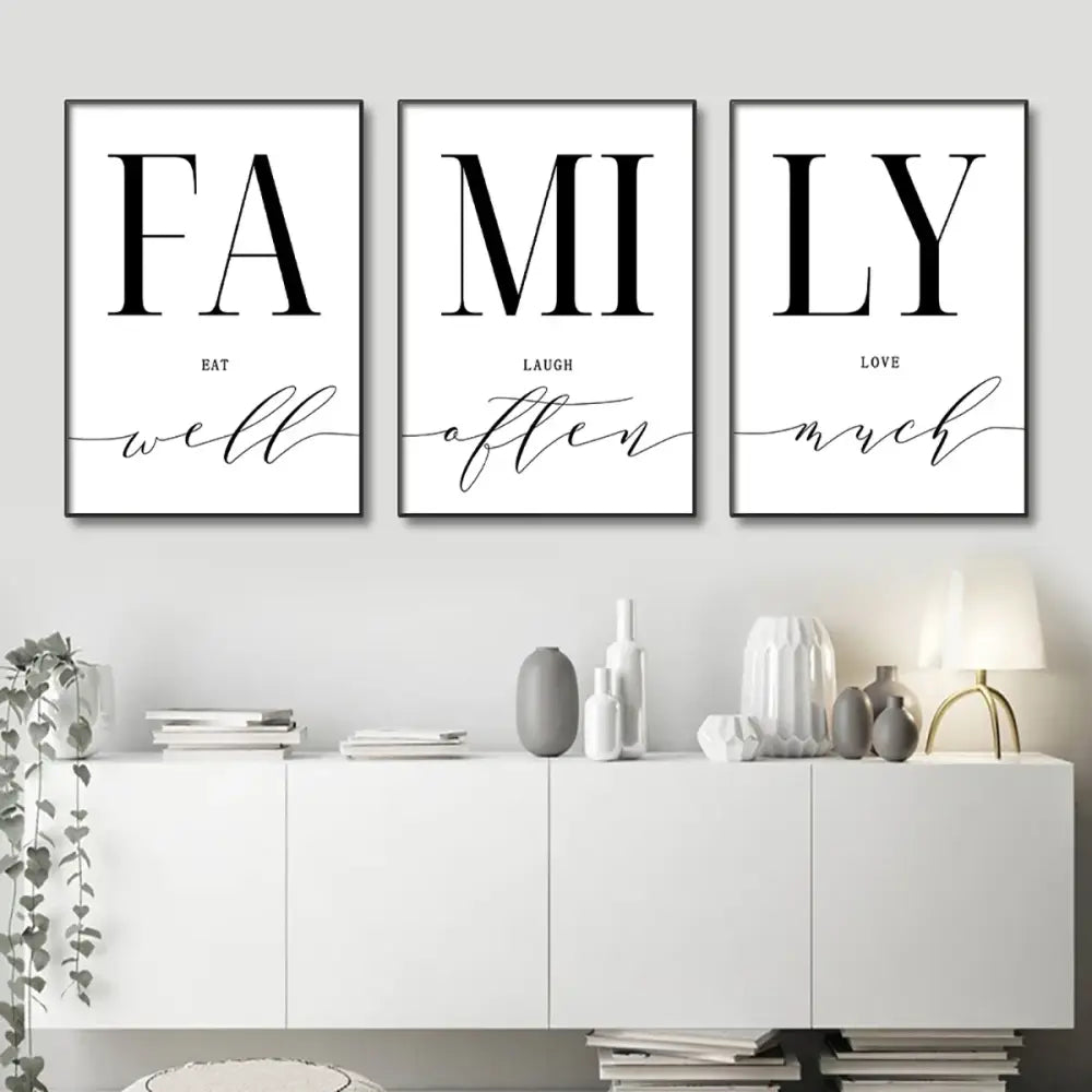Three minimalist black-and-white framed decorbites™ luxury wall art pieces with family phrases for living room wall art