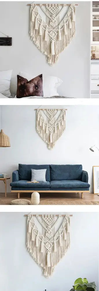 Beige macrame wall hanging with intricate knotwork and tassels for chic bohemian decor by decorbites