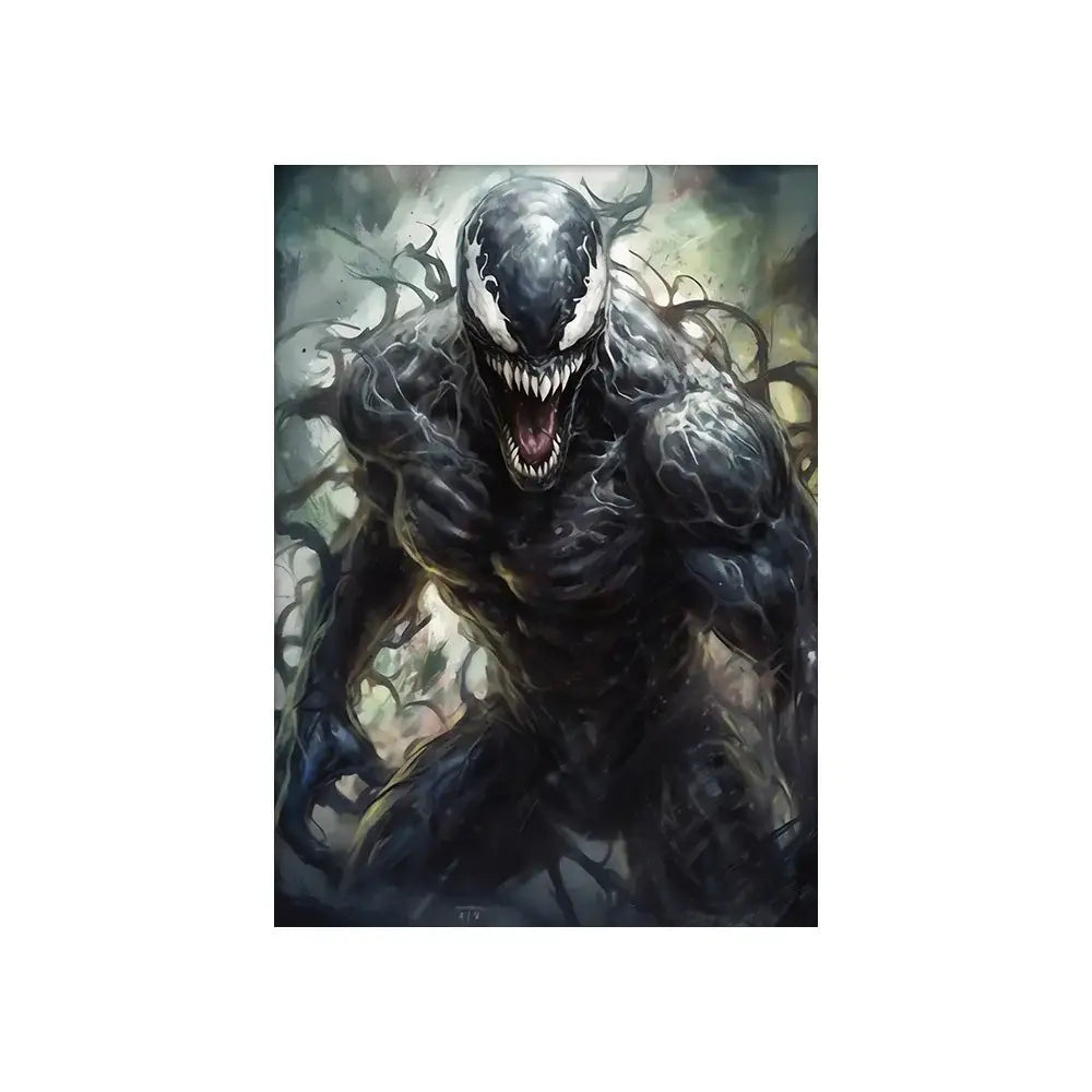 Decorbites™ marvel canvas wall art print featuring a menacing black and white venom symbiote figure with glowing eyes