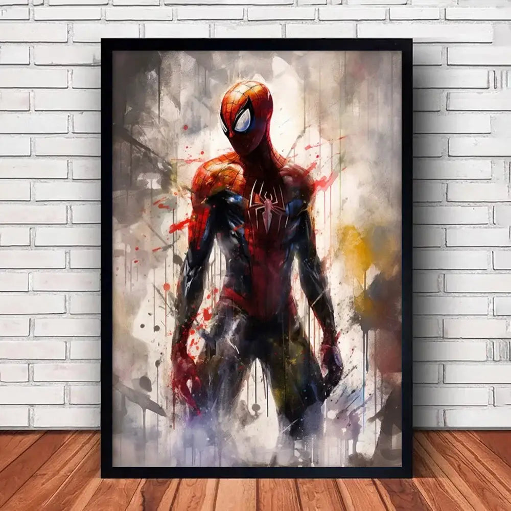 A framed marvel canvas wall art print featuring spider-man in a red and blue suit with dynamic paint splatter effects