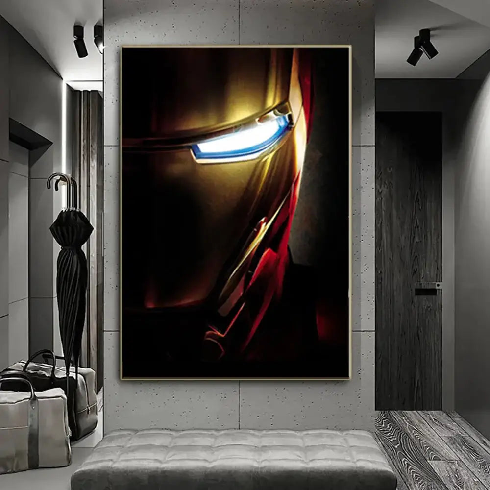 A framed canvas print of a marvel iron man helmet glowing blue eye in metallic gold and deep red home decor
