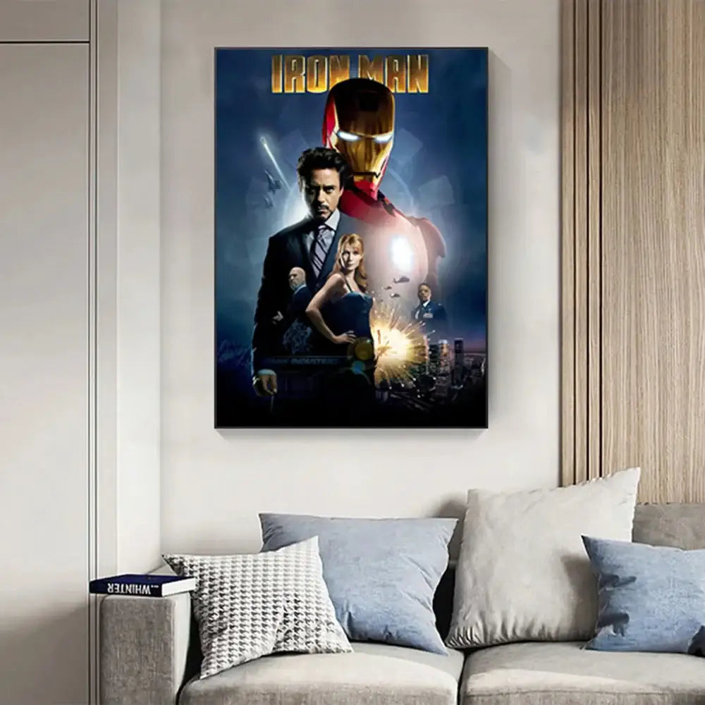 Decorbites™ marvel iron man home decor poster canvas featuring golden red iron man suit with glowing eyes on blue background
