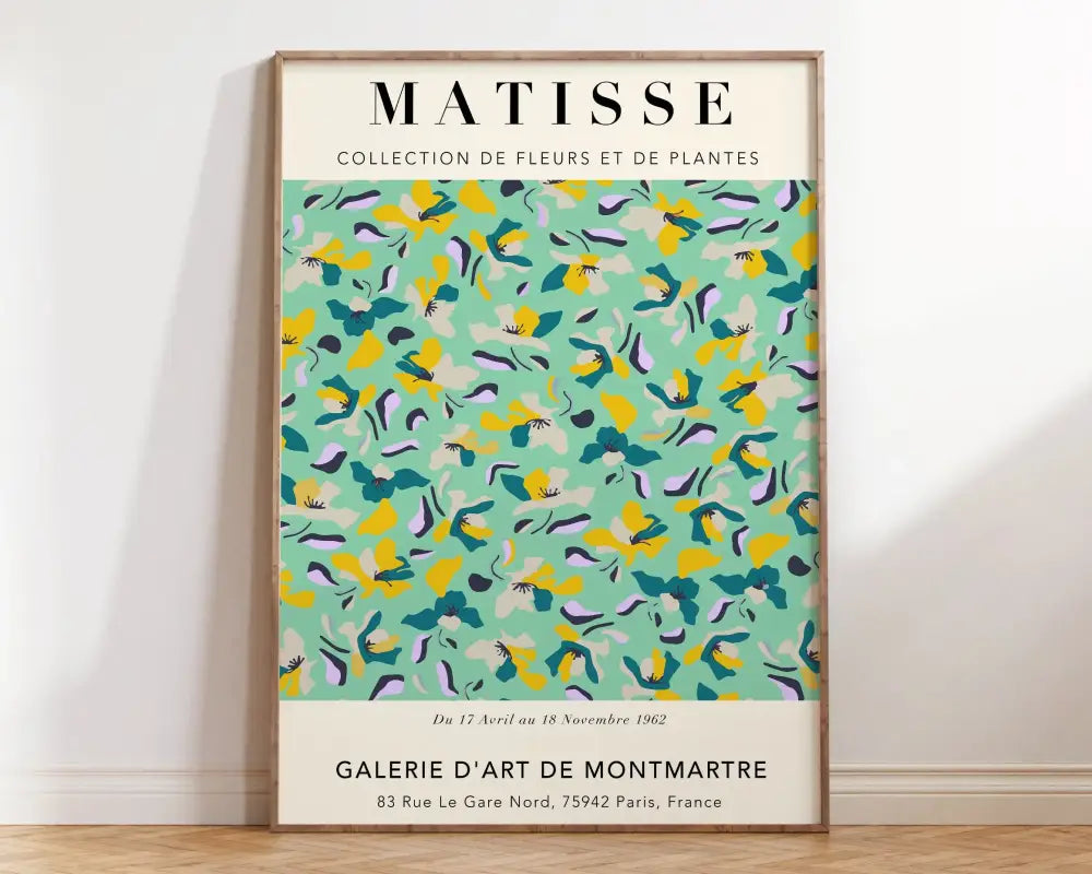 A framed decorbites™ matisse floral art print featuring a vibrant mint green yellow and purple stylized floral pattern