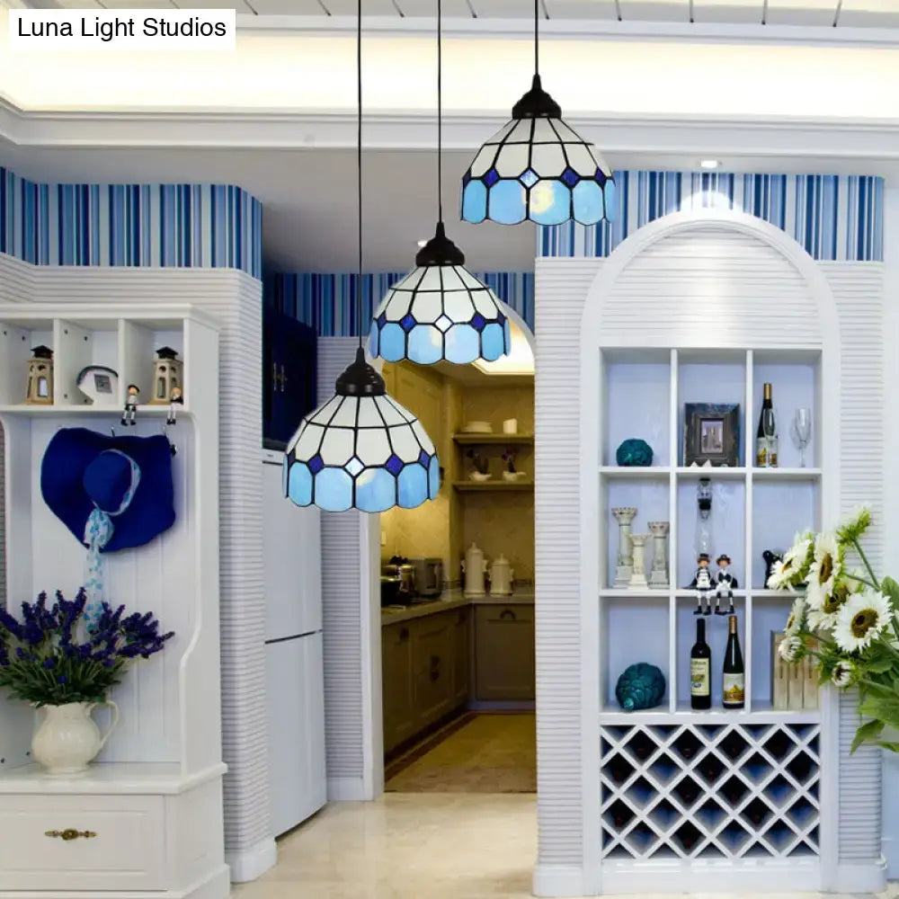 DecorBites™ Mediterranean Cut Glass 3-Light Blue Multi Pendant Bowl Hanging Light Fixture - Perfect for Bedrooms