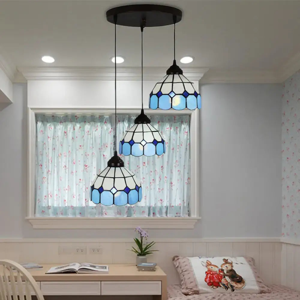 DecorBites™ Mediterranean Cut Glass 3-Light Blue Multi Pendant Bowl Hanging Light Fixture - Perfect for Bedrooms