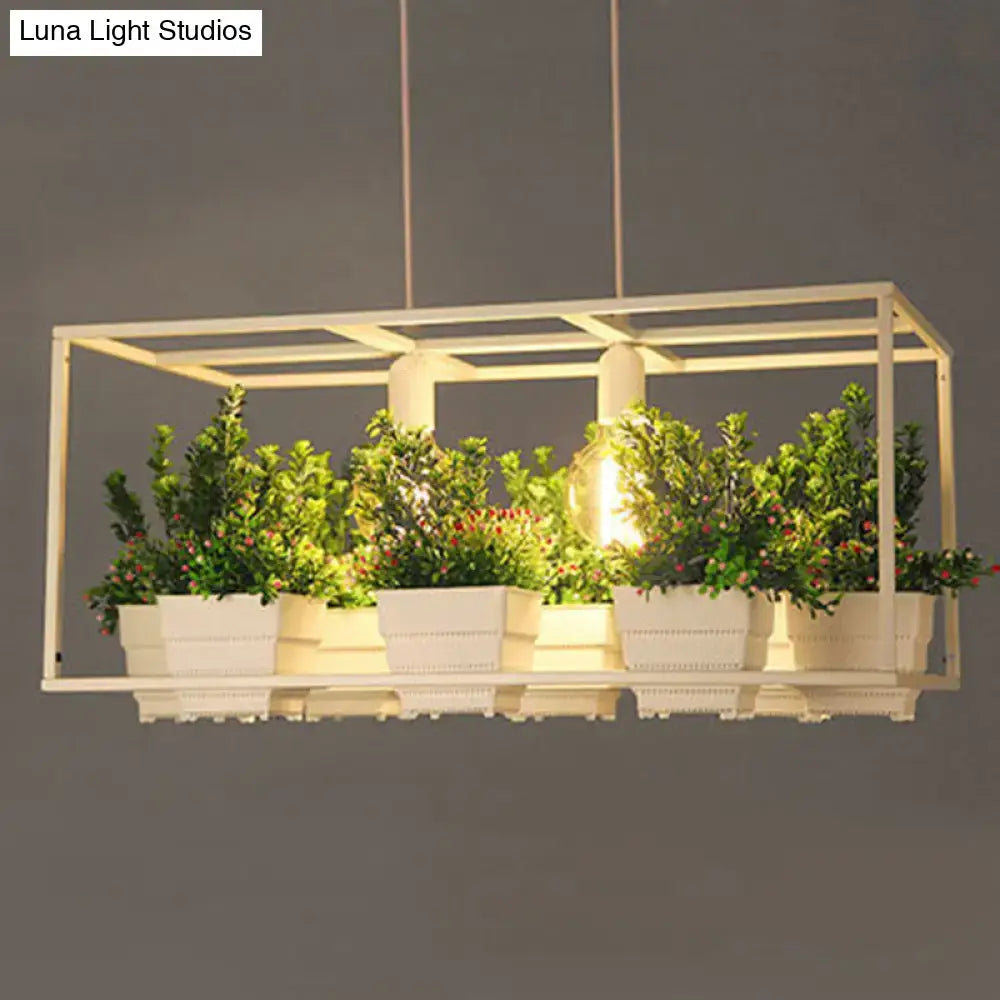 DecorBites™ Metal 2-Head Rectangle Pendant Light Fixture for Restaurants with Hanging Artificial Bonsai