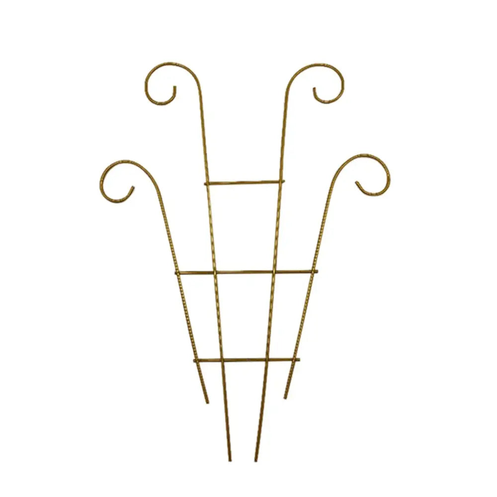 Gold-colored metal garden plant stand with three curved ornate tops for indoor and outdoor plant growth from decorbites