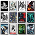 Collection of framed metal gear solid art posters featuring various characters and vibrant artwork styles on canvas print