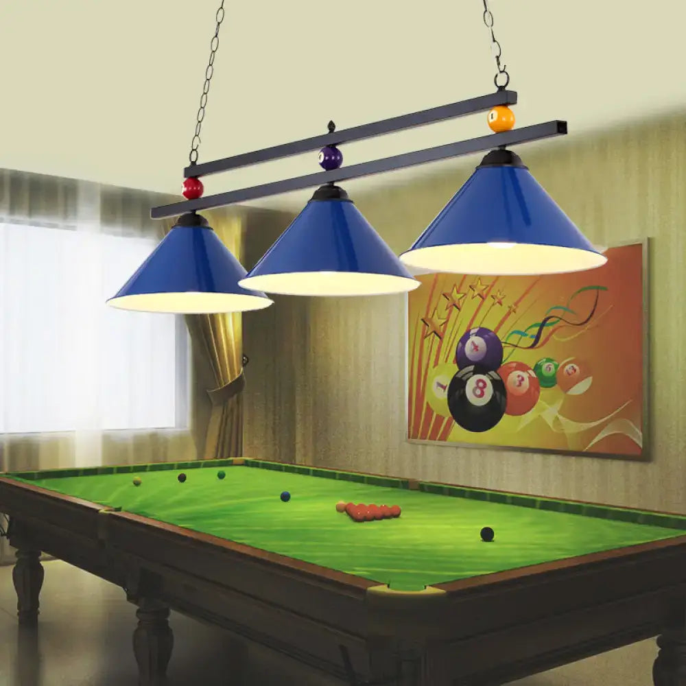 Decorbites metal hanging island light featuring blue conical shades with metallic frames above a pool table