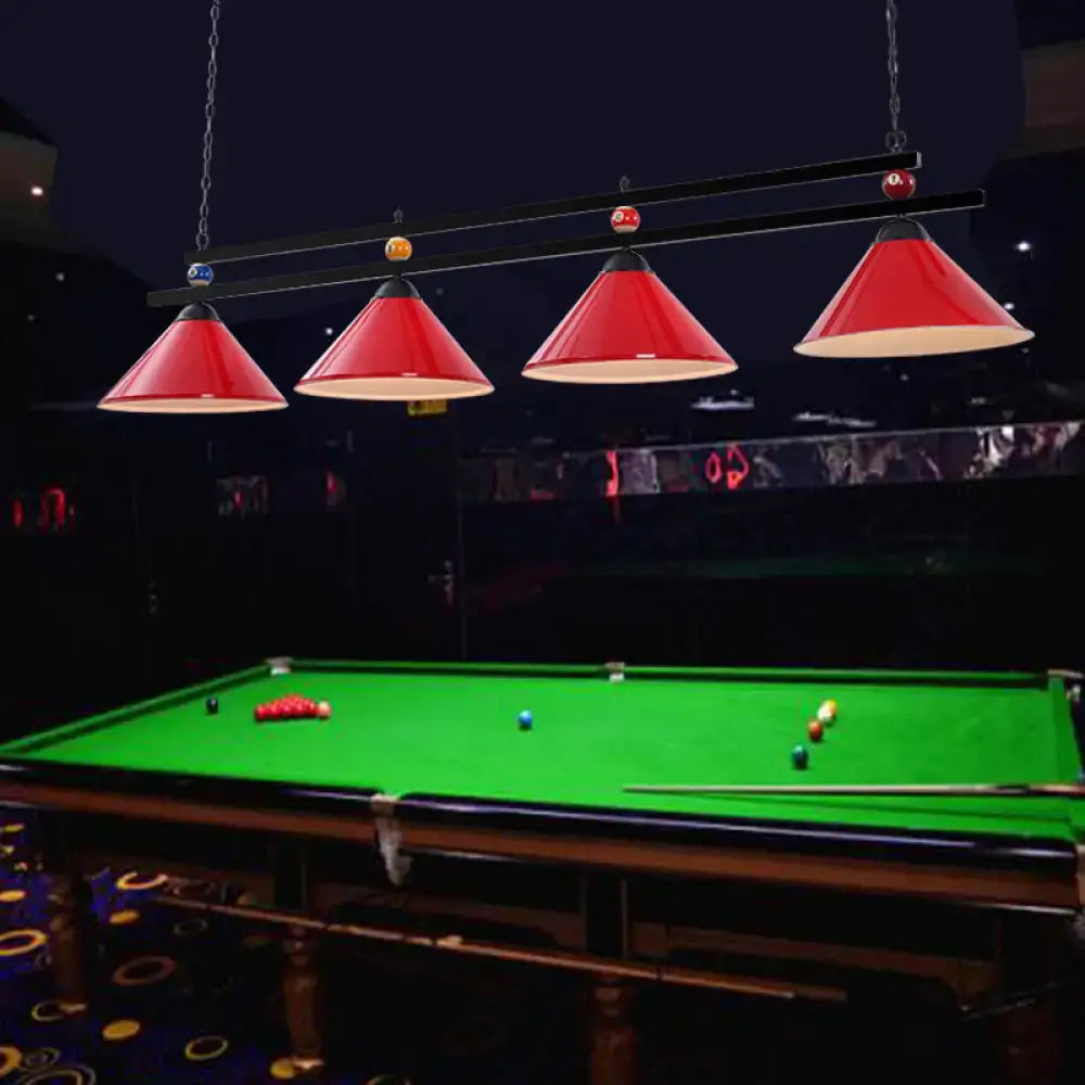 Red conical decorative pendant lights with black metal frames hang above a green pool table as a metal hanging island light industrial model