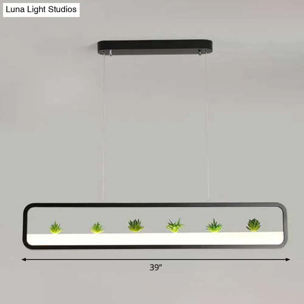 DecorBites™ Metal LED Hanging Light for Restaurants: Artistic Rectangle Island Lamp with Imitation Succulents Deco