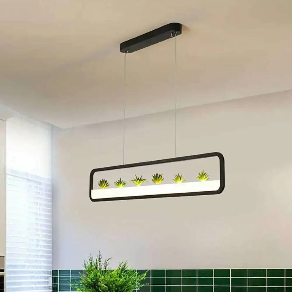 DecorBites™ Metal LED Hanging Light for Restaurants: Artistic Rectangle Island Lamp with Imitation Succulents Deco