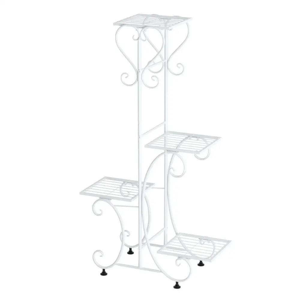 White wrought iron metal plant stand with four tiered shelves and decorative scrollwork for flower pots