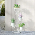 DecorBites metal plant stand in white wrought iron with ornate scrollwork and four tiered shelves for flower pots
