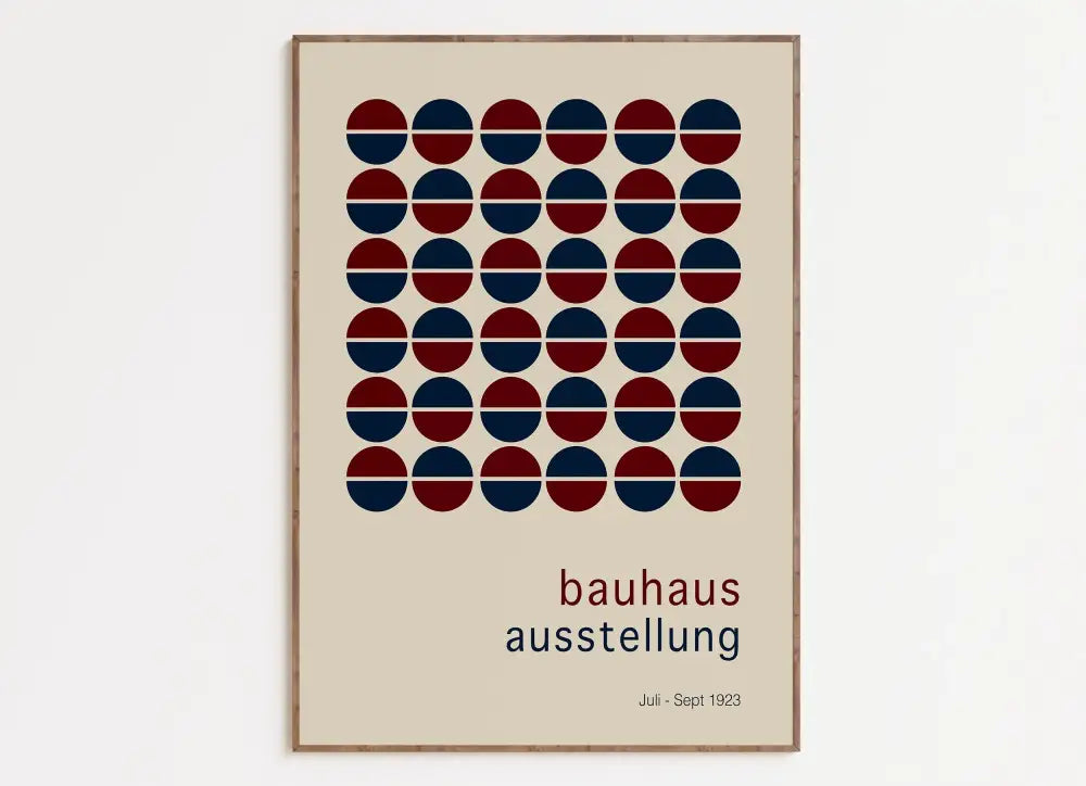 Beige DecorBites™ mid century geometric wall art featuring red and navy halved circles on canvas with light wood frame