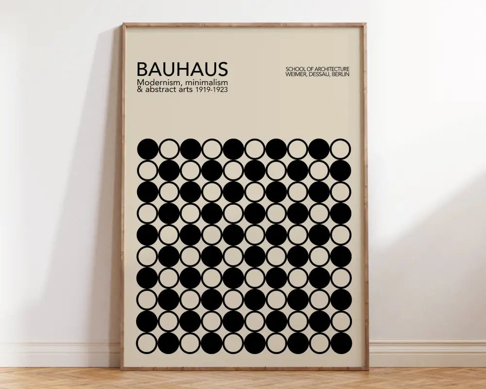 Decorbites™ mid century modern geometric canvas wall art in a light wood frame with bold black and cream circular patterns