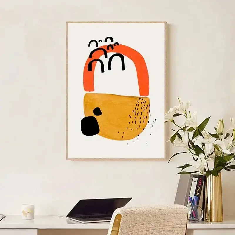 DecorBites™ mid century watercolor brush strokes canvas print with bold orange and mustard shapes in light wood frame