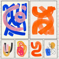 Decorbites™ mid century canvas print with bold colorful watercolor brush strokes in blue pink orange and black on off-white