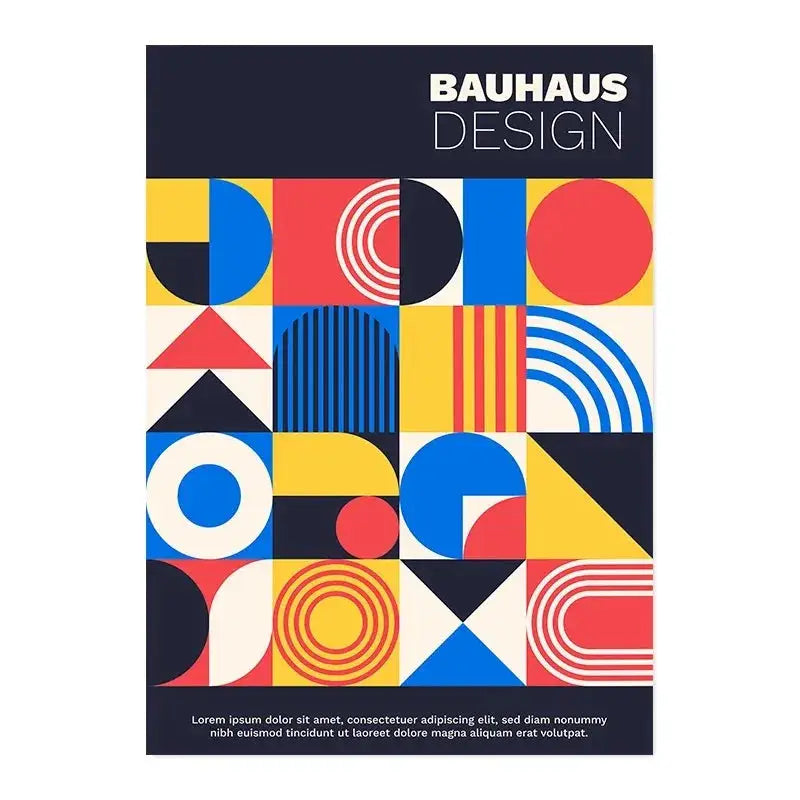 Decorbites™ minimalist black and white bauhaus canvas print featuring vibrant geometric red blue yellow and black shapes