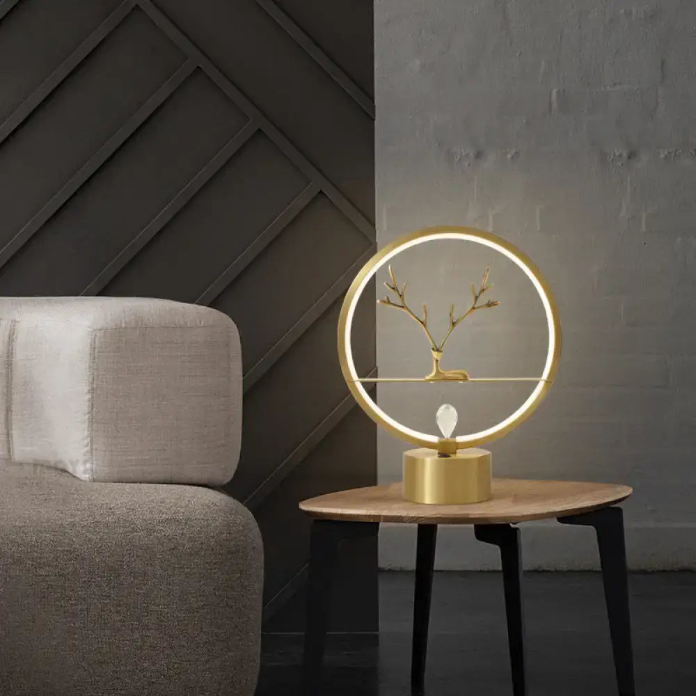 DecorBites™ Minimalist Brass Halo Ring Table Light with LED, Metal Night Light featuring Deer Decoration
