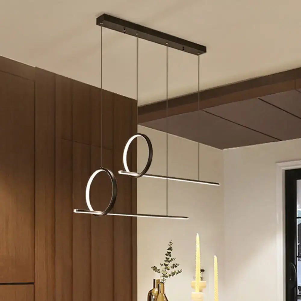 DecorBites™ Minimalistic Iron LED Island Light Fixture: Linear and Ring Design - Black Finish, 2-Head Hanging