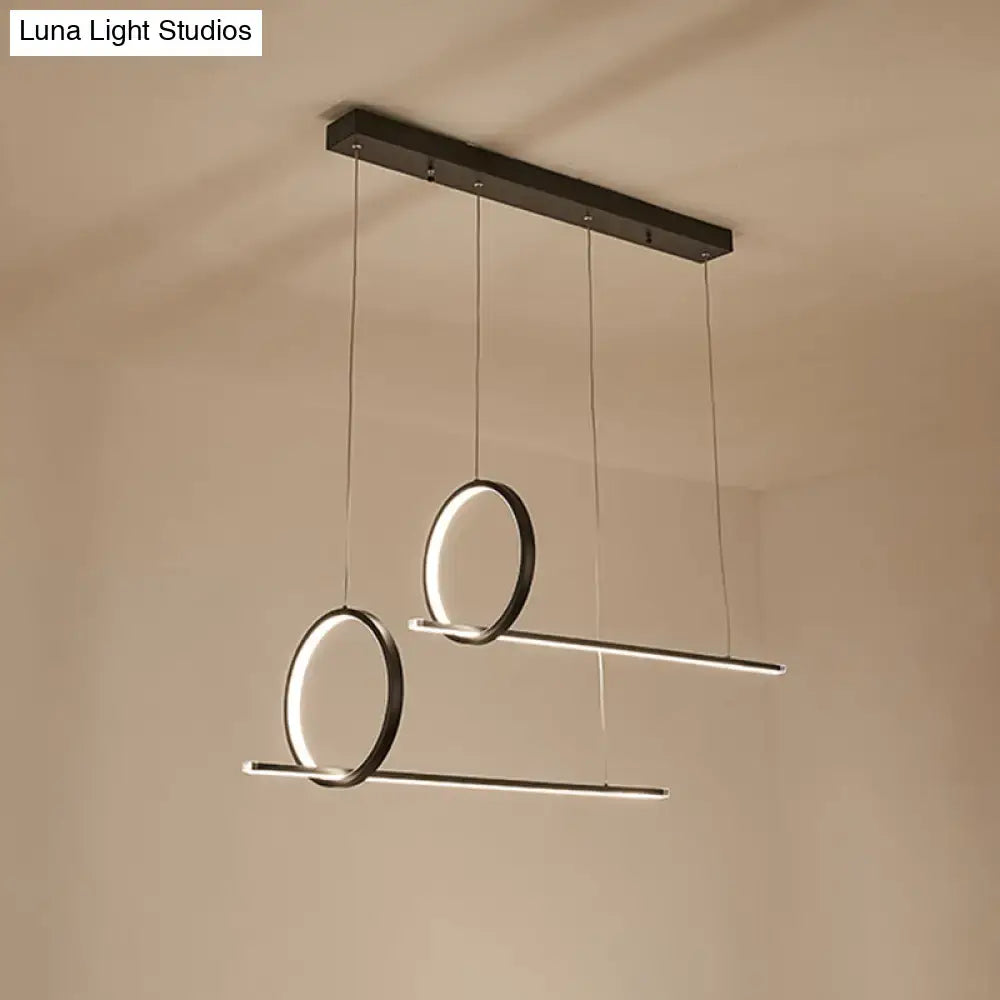 DecorBites™ Minimalistic Iron LED Island Light Fixture: Linear and Ring Design - Black Finish, 2-Head Hanging