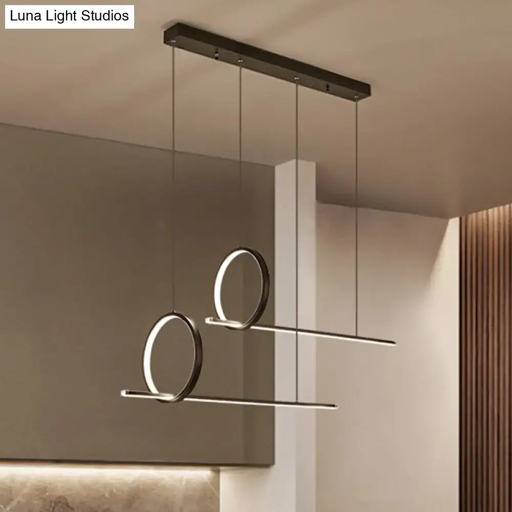 DecorBites™ Minimalistic Iron LED Island Light Fixture: Linear and Ring Design - Black Finish, 2-Head Hanging