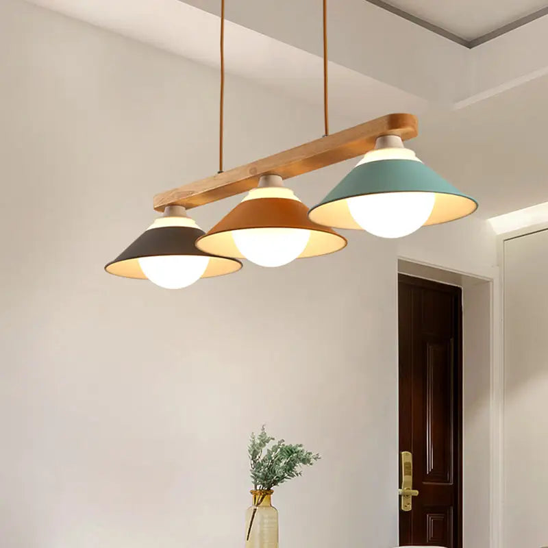 DecorBites™ Modern 3-Light Island Pendant with Wood Accent in Blue, Grey, and Yellow Tones