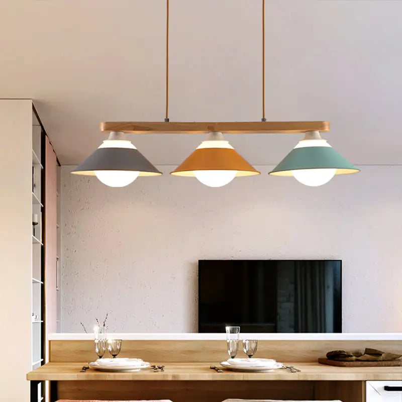 DecorBites™ Modern 3-Light Island Pendant with Wood Accent in Blue, Grey, and Yellow Tones