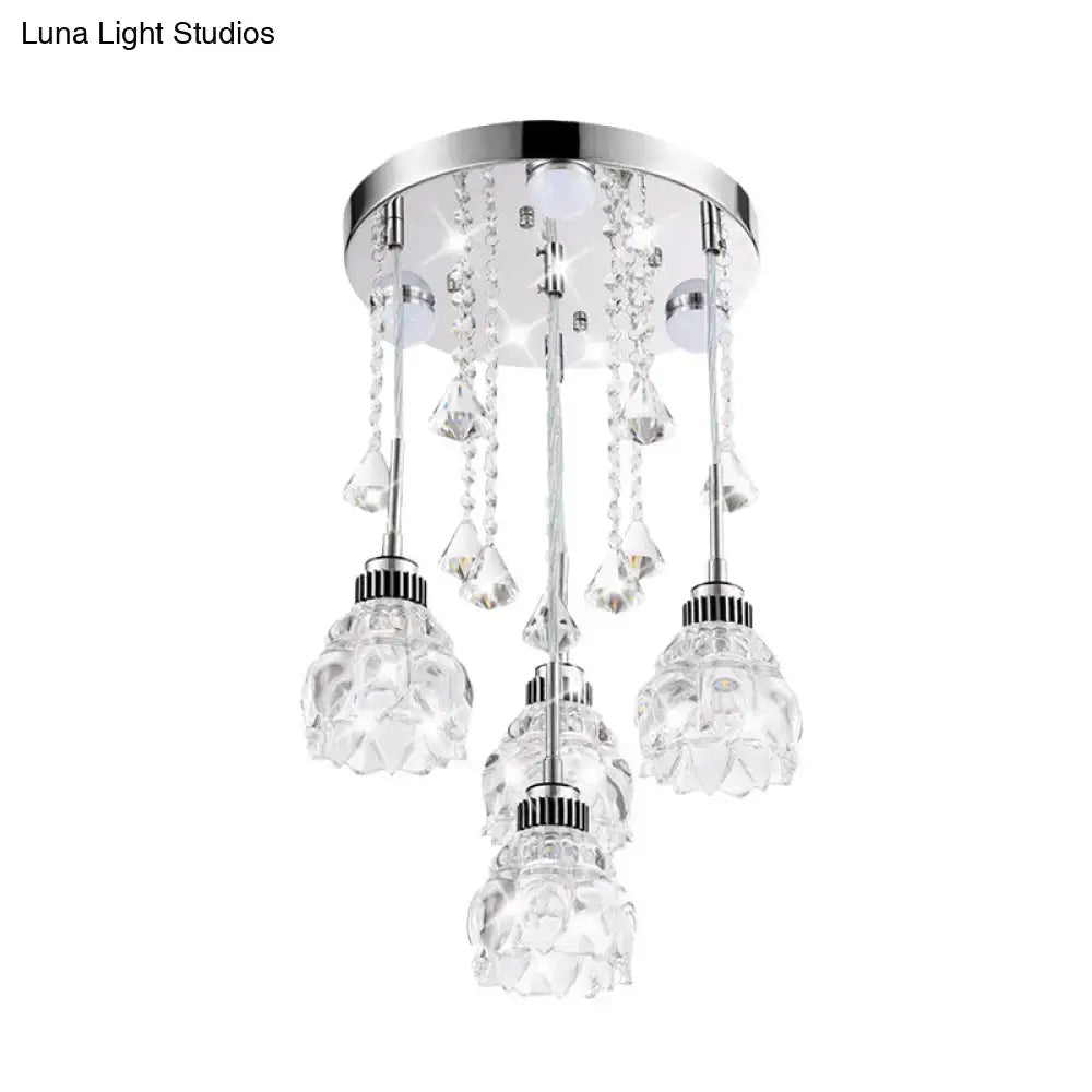 DecorBites™ Modern 4-Head Crystal Shade Flower Ceiling Light Fixture - Chrome Finish Multi-Pendant