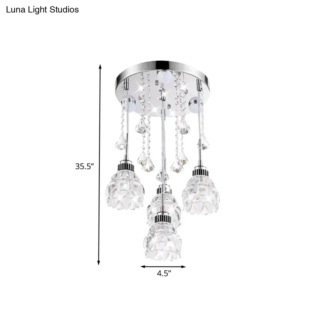 DecorBites™ Modern 4-Head Crystal Shade Flower Ceiling Light Fixture - Chrome Finish Multi-Pendant