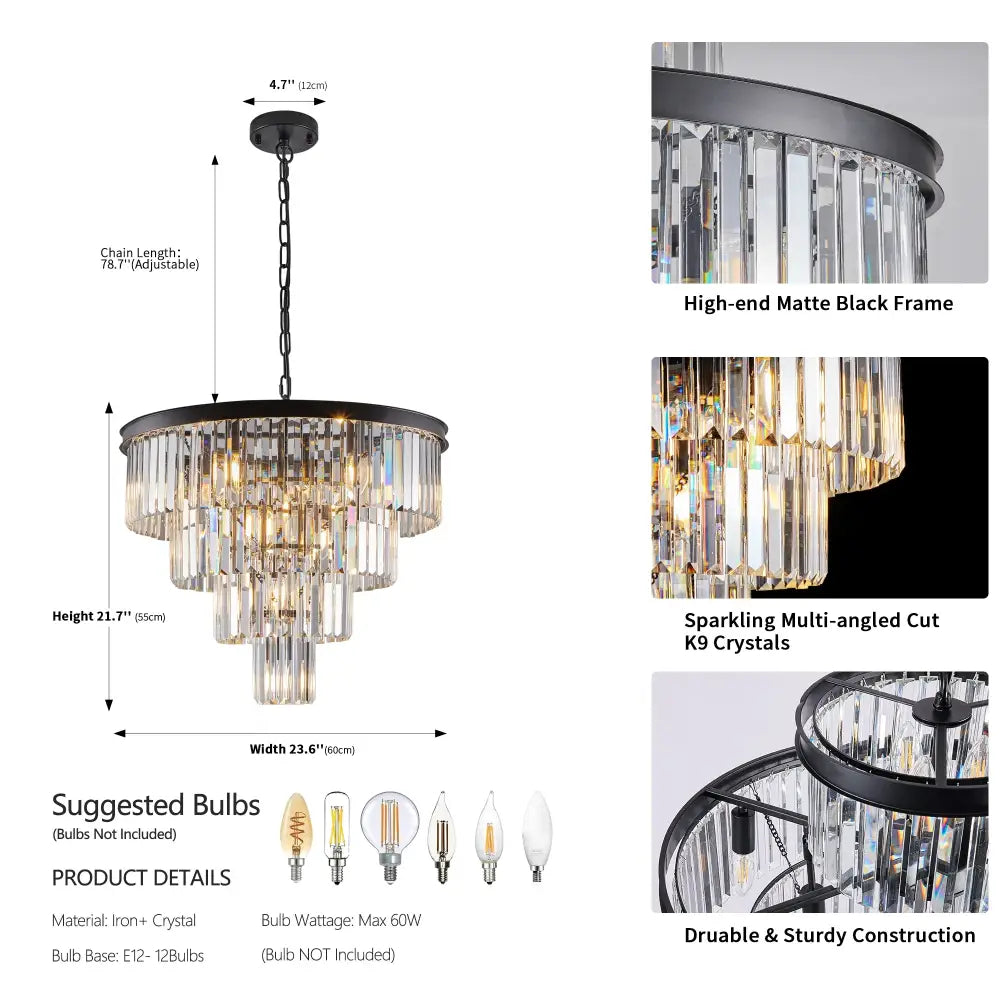 DecorBites™ Modern 4-Tier Black Crystal Chandelier