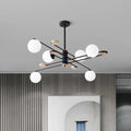 DecorBites™ modern black metal chandelier with six frosted glass shades and wooden accents for living room lighting