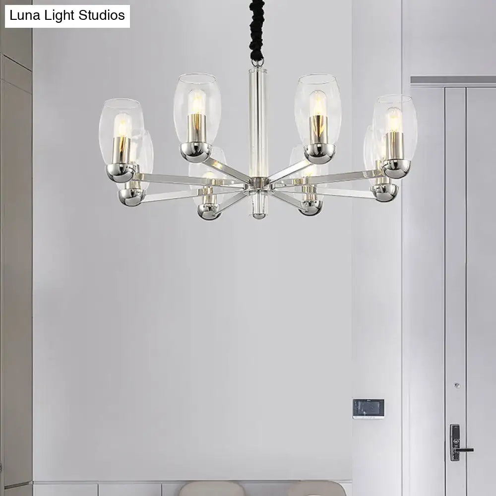 DecorBites™ Modern 6-Head Clear Glass Candle Chandelier: Chrome Ceiling Pendant Fixture with Adjustable Chain