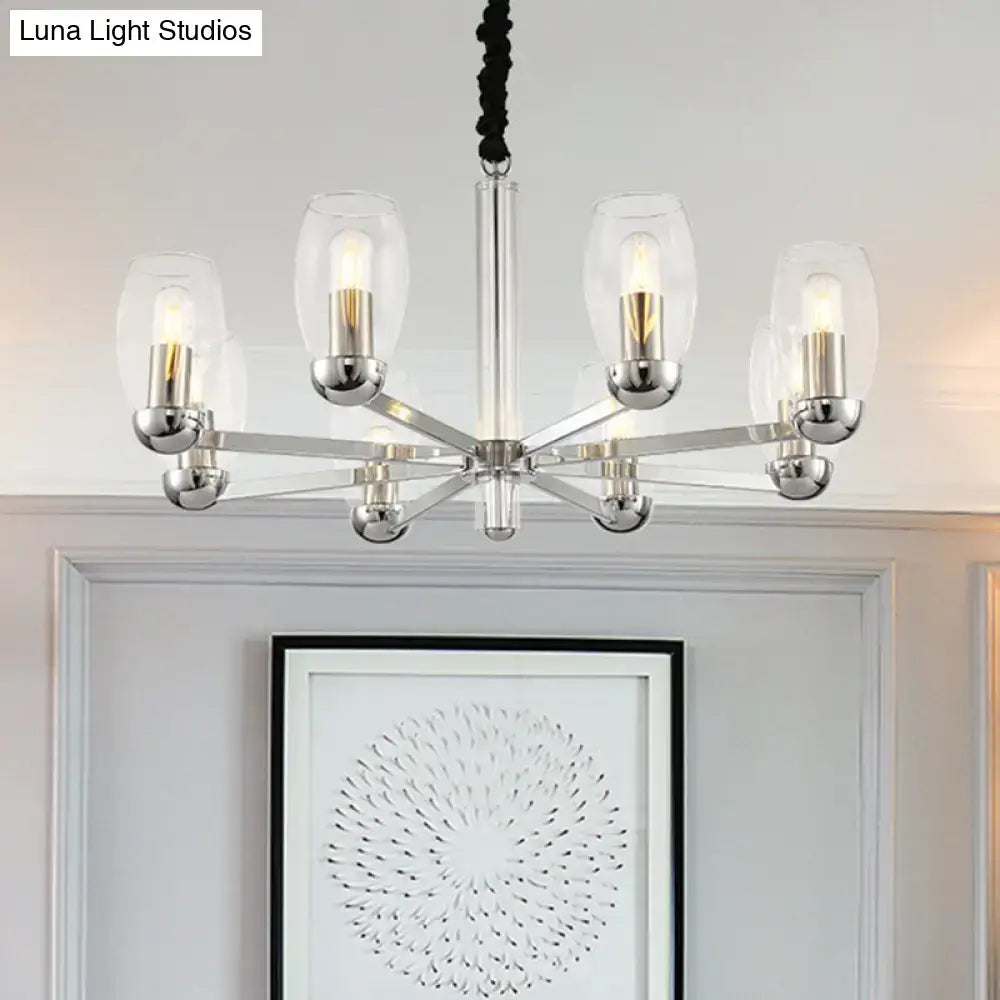 DecorBites™ Modern 6-Head Clear Glass Candle Chandelier: Chrome Ceiling Pendant Fixture with Adjustable Chain