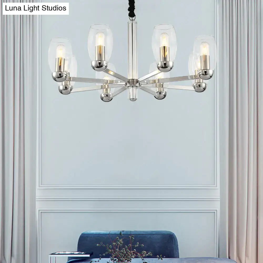 DecorBites™ Modern 6-Head Clear Glass Candle Chandelier: Chrome Ceiling Pendant Fixture with Adjustable Chain