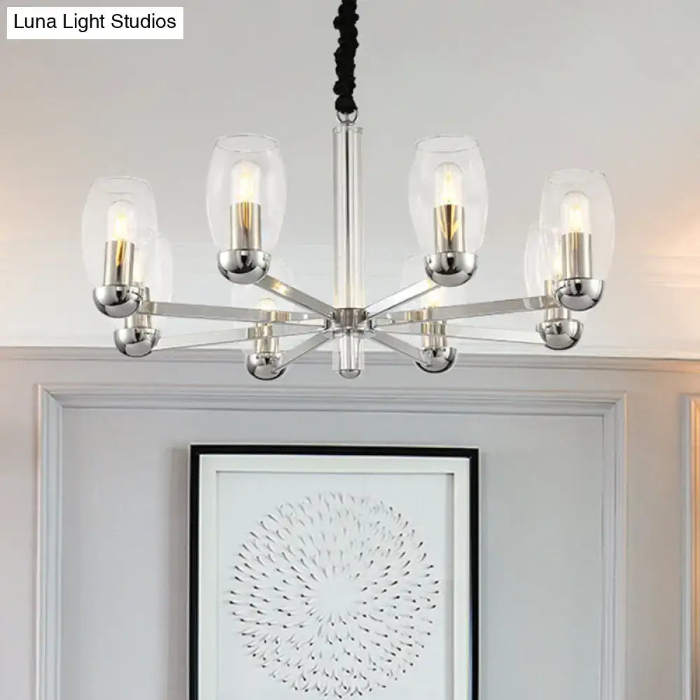 DecorBites™ Modern 6-Head Clear Glass Candle Chandelier: Chrome Ceiling Pendant Fixture with Adjustable Chain