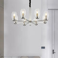 DecorBites™ modern chrome chandelier with six clear glass shades and exposed bulb fixtures for ceiling pendant lighting