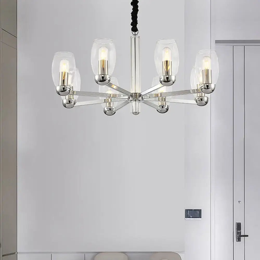 DecorBites™ Modern 6-Head Clear Glass Candle Chandelier: Chrome Ceiling Pendant Fixture with Adjustable Chain