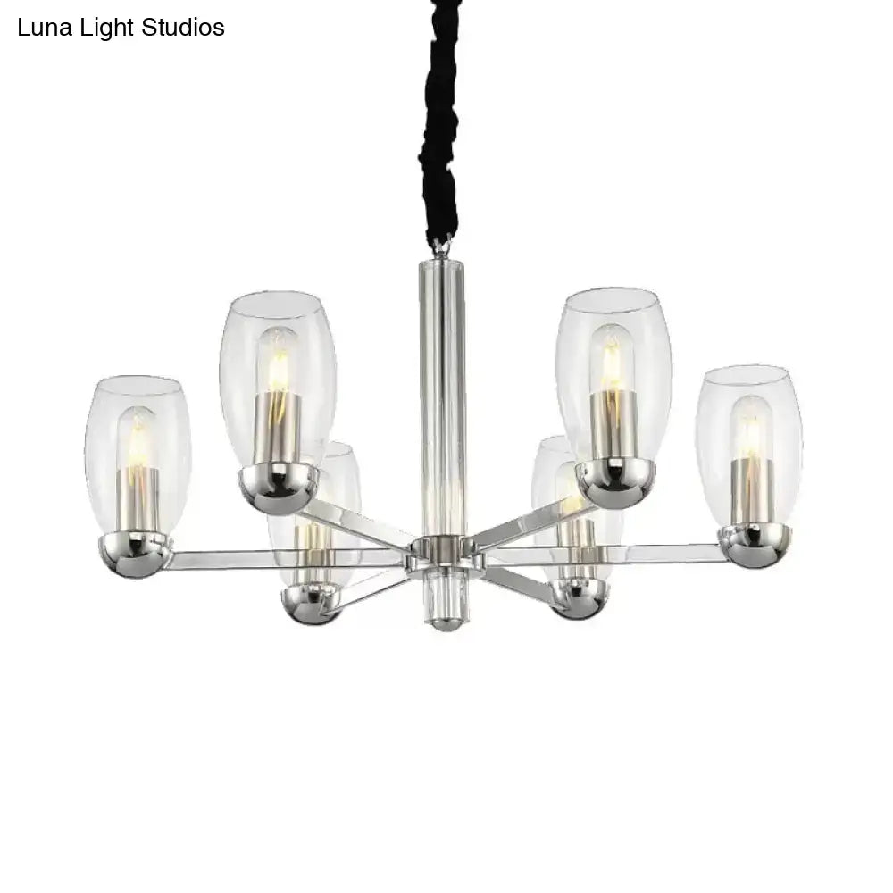DecorBites™ Modern 6-Head Clear Glass Candle Chandelier: Chrome Ceiling Pendant Fixture with Adjustable Chain