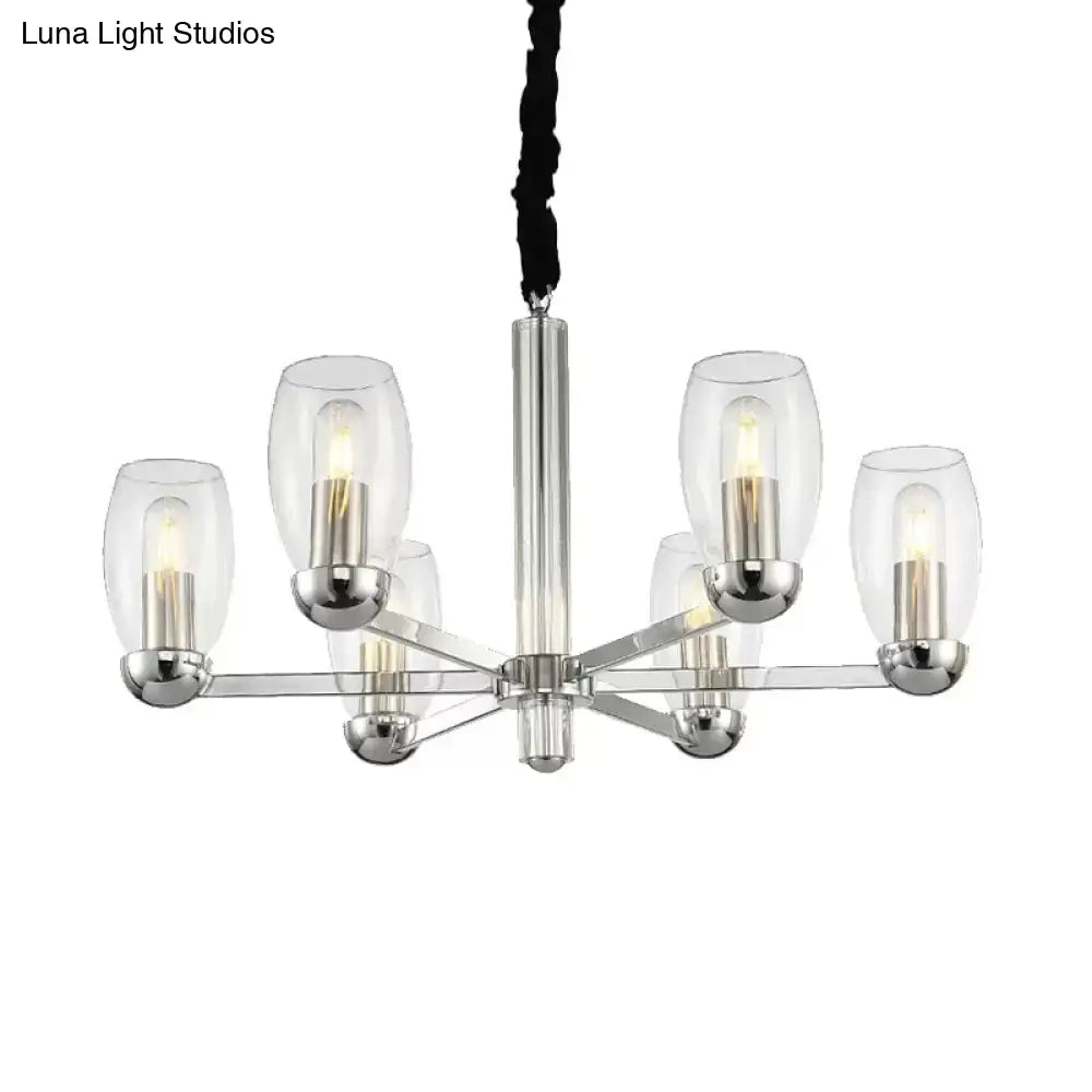 DecorBites™ Modern 6-Head Clear Glass Candle Chandelier: Chrome Ceiling Pendant Fixture with Adjustable Chain
