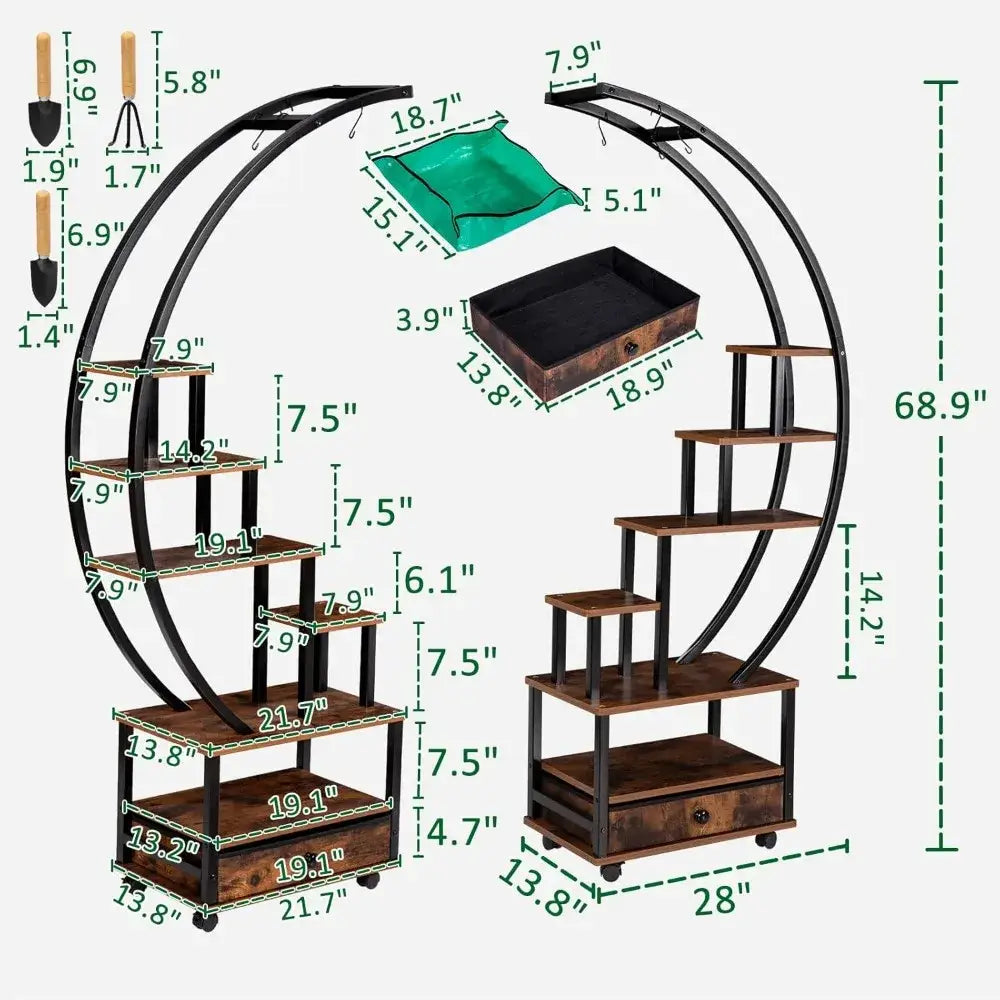 Decorbites modern 71 tall industrial-style indoor plant stand with dark brown wooden shelves black metal frame and drawer