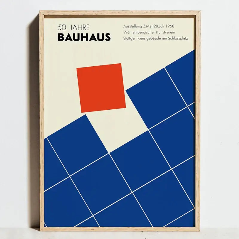 A minimalist framed decorbites™ bauhaus exhibition poster with bold red and blue geometric design on cream background