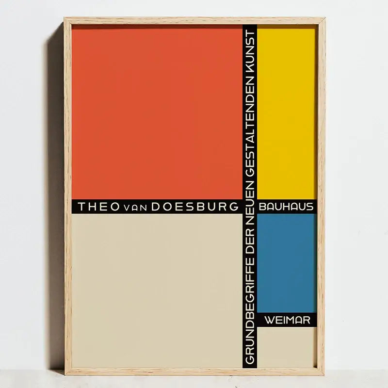 Minimalist framed decor featuring bold orange yellow and blue blocks with black text for bauhaus exhibition posters