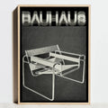 Black and white bauhaus exhibition poster featuring a minimalist chair design framed by light wood for home decor