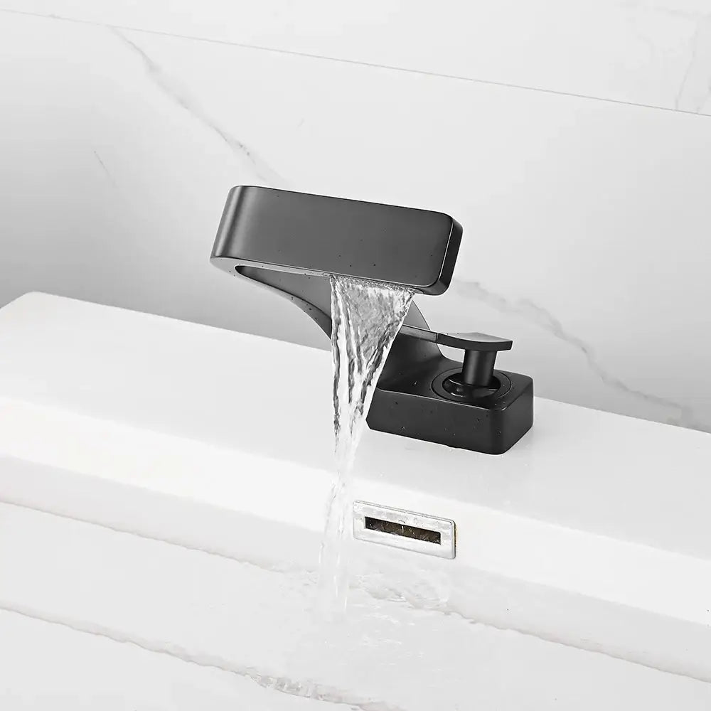 DecorBites™ modern black bathroom sink faucet with black matte finish and sleek minimalist waterfall design