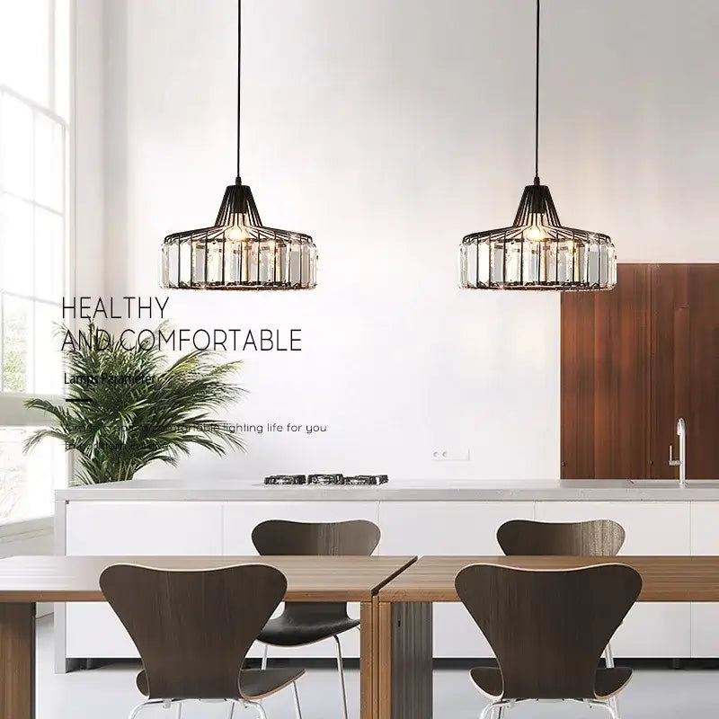 Decorbites™ modern black crystal led pendant chandelier with two black-framed pendant lamps featuring crystal glass accents